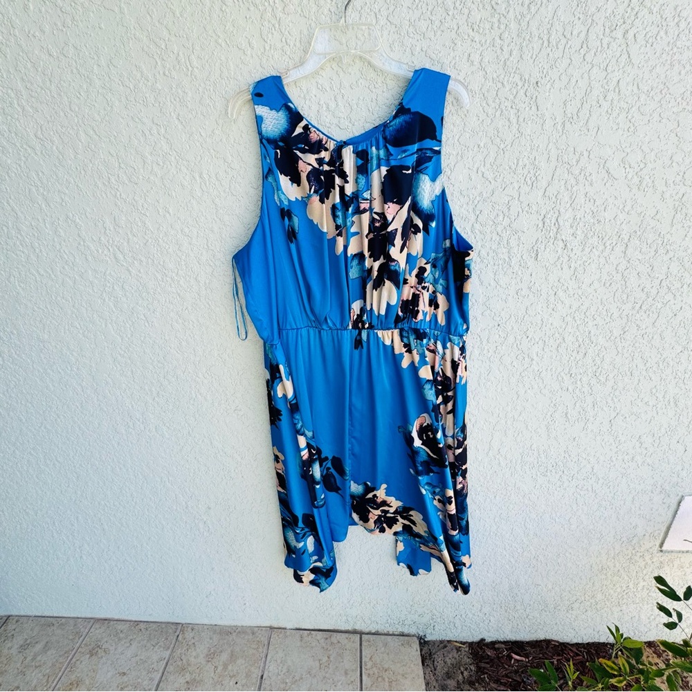 Lane Bryant 24 blue silky satin hanky hem sleeveless floral dress garden party